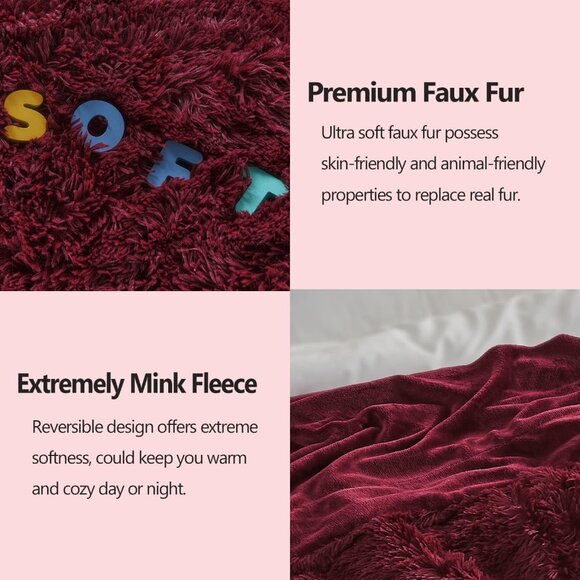 Fuzzy Faux Fur Throw Blanket Wine Red Super Soft Cozy - Picture 5 of 6